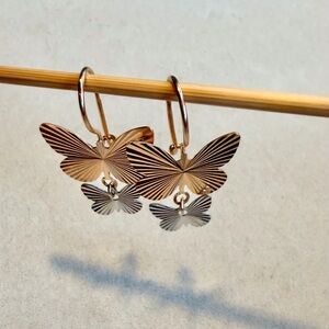 Delicate Two-Tone Butterfly Drop Earrings - 14 K Rose Gold & White gold